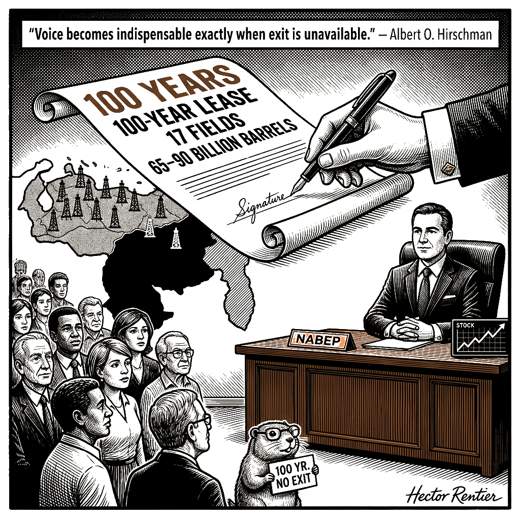 Editorial cartoon by Hector Rentier: I just took 17 BIGGEST oil fields for a HUNDRED YEARS, believe me