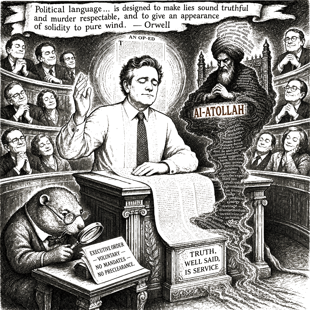 Editorial cartoon by Hector Rentier: James Freeman Teaches the Donor Class How to Relabel AI Accountability as Tyranny