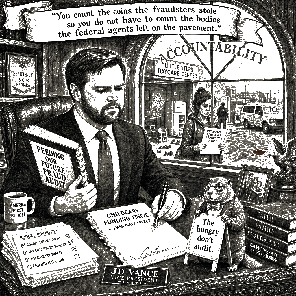 Editorial cartoon by Hector Rentier: JD Vance Freezes the Children’s Meals to Dress the Sidewalk Blood