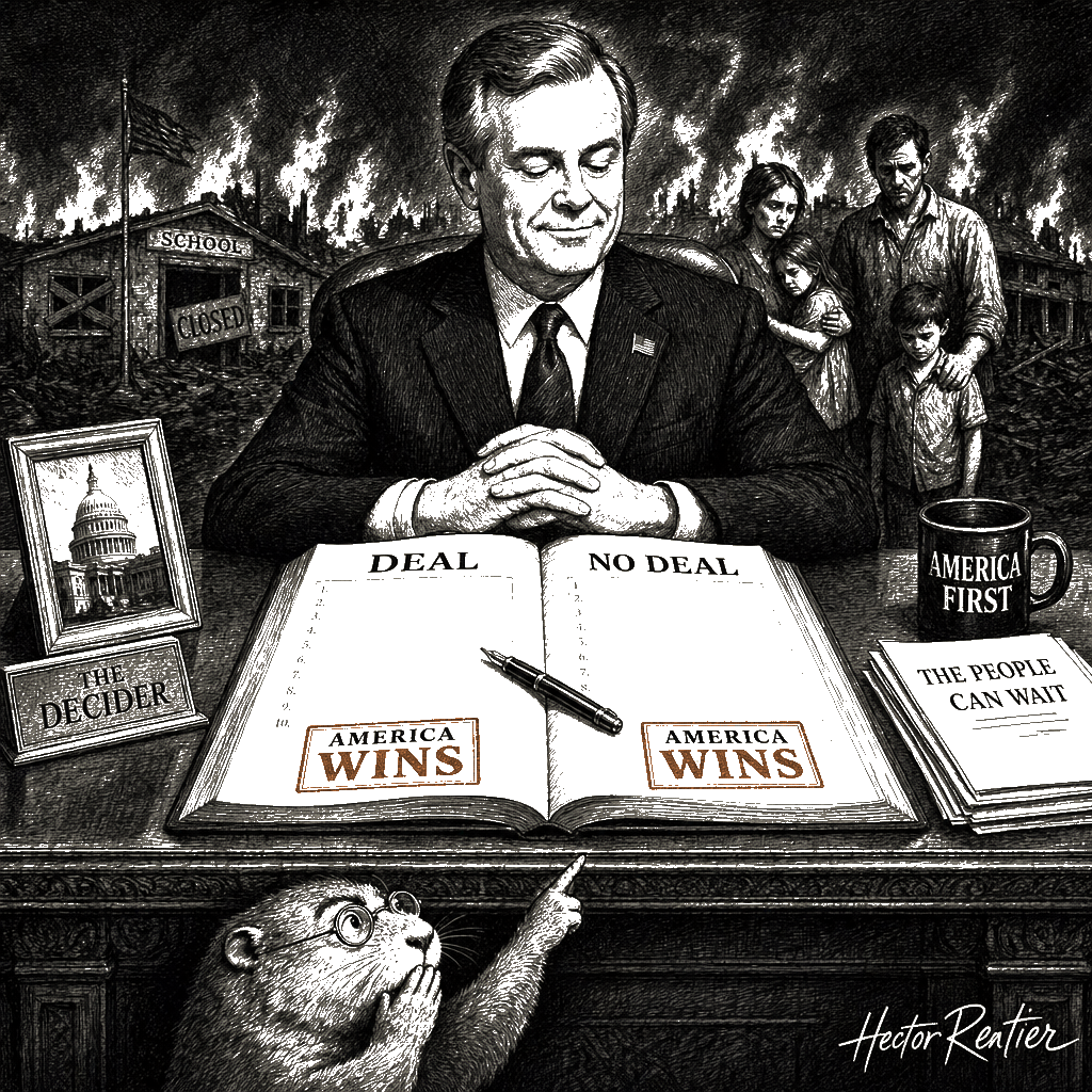 Editorial cartoon by Hector Rentier: JD Vance says America wins whether or not Iran ceases to exist.
