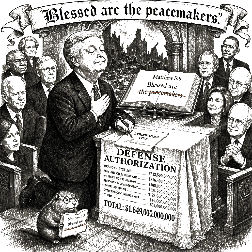 Editorial cartoon by Hector Rentier: Lindsey Graham Blessed Every Bomb His Party Dropped