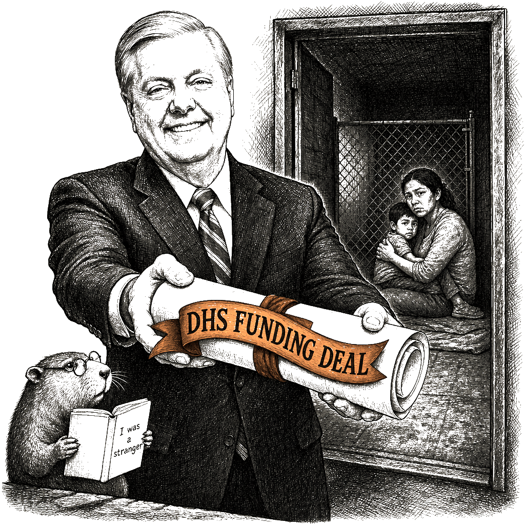 Editorial cartoon by Hector Rentier: Lindsey Graham Funded the Deportation Machine