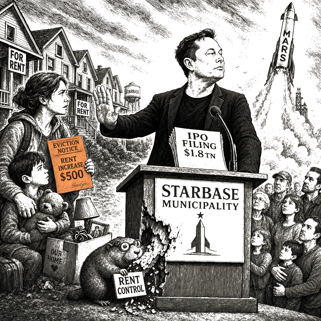 Editorial cartoon by Hector Rentier: Looting South Texas to Build a Mars Colony