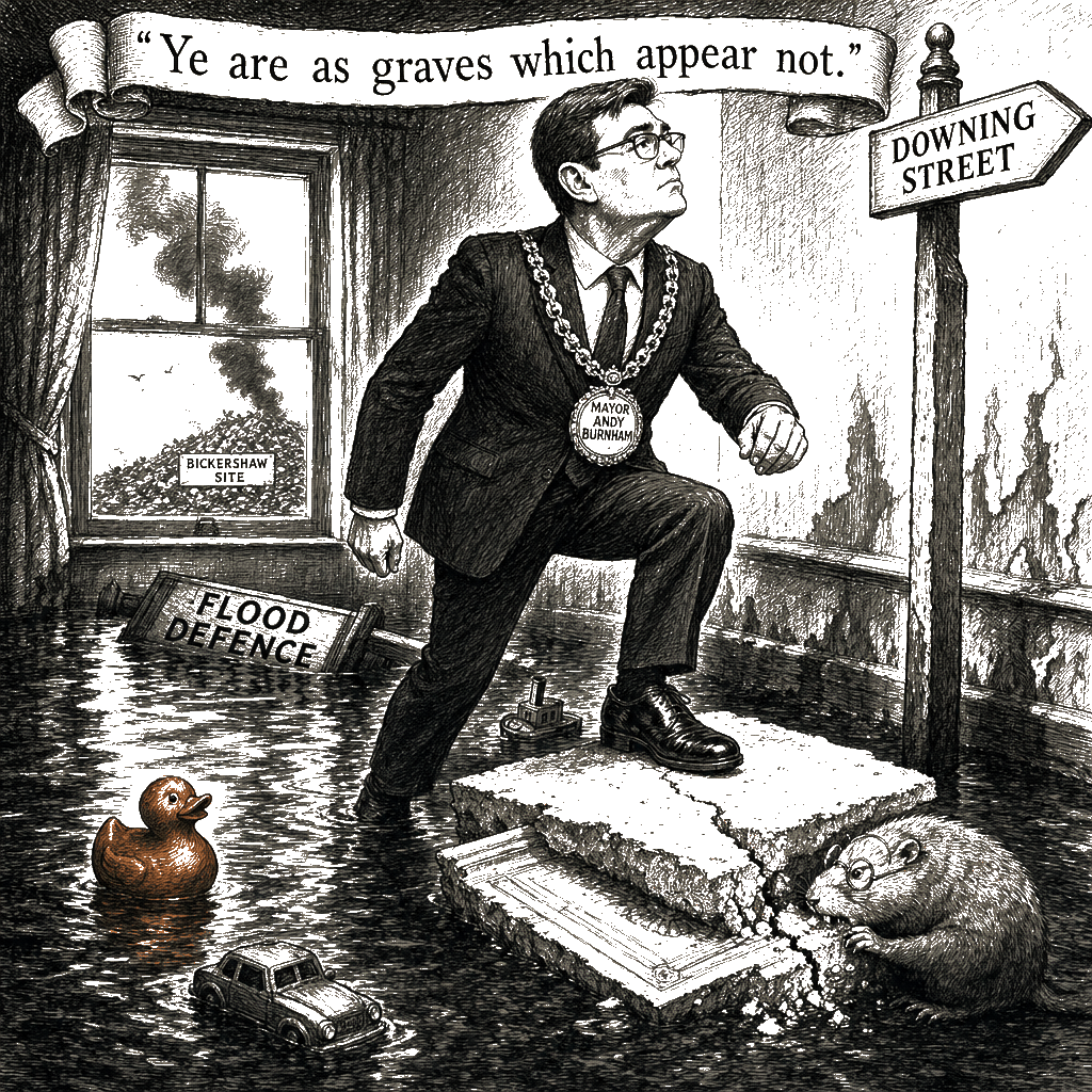 Editorial cartoon by Hector Rentier: Makerfield's Floating Toys Are the Stepping Stones to Downing Street