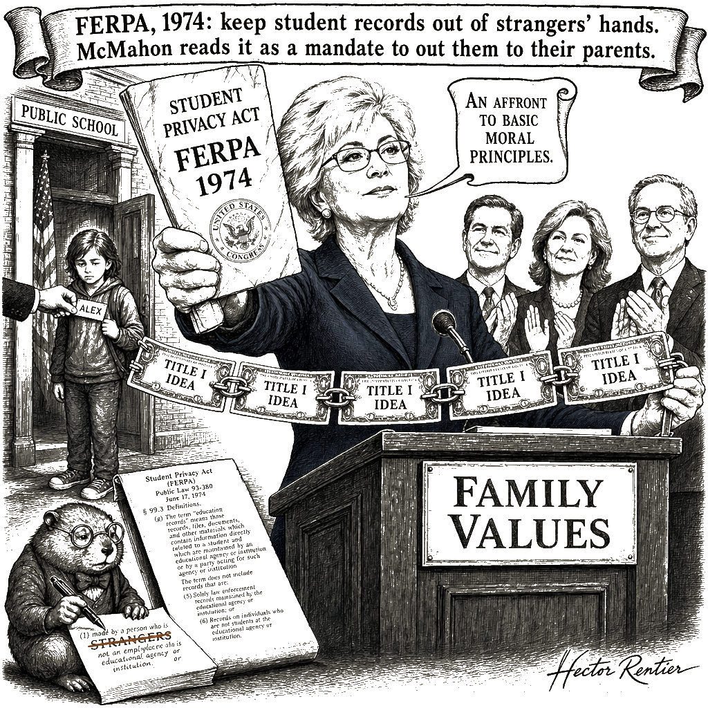 Editorial cartoon by Hector Rentier: McMahon Is Betraying Trans Kids With Their Own Privacy Law
