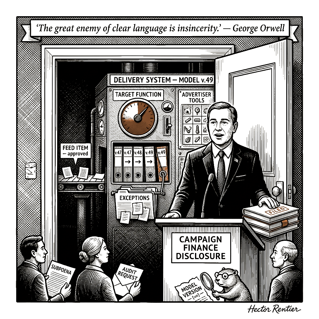 Editorial cartoon by Hector Rentier: Meta, Palantir and Kalshi Capture Power Through Private Systems