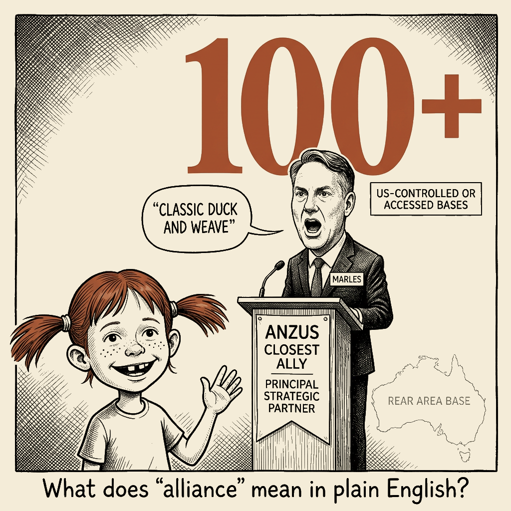 Political meme cartoon by Mimi Wright-Fubar: Allies, in plain English