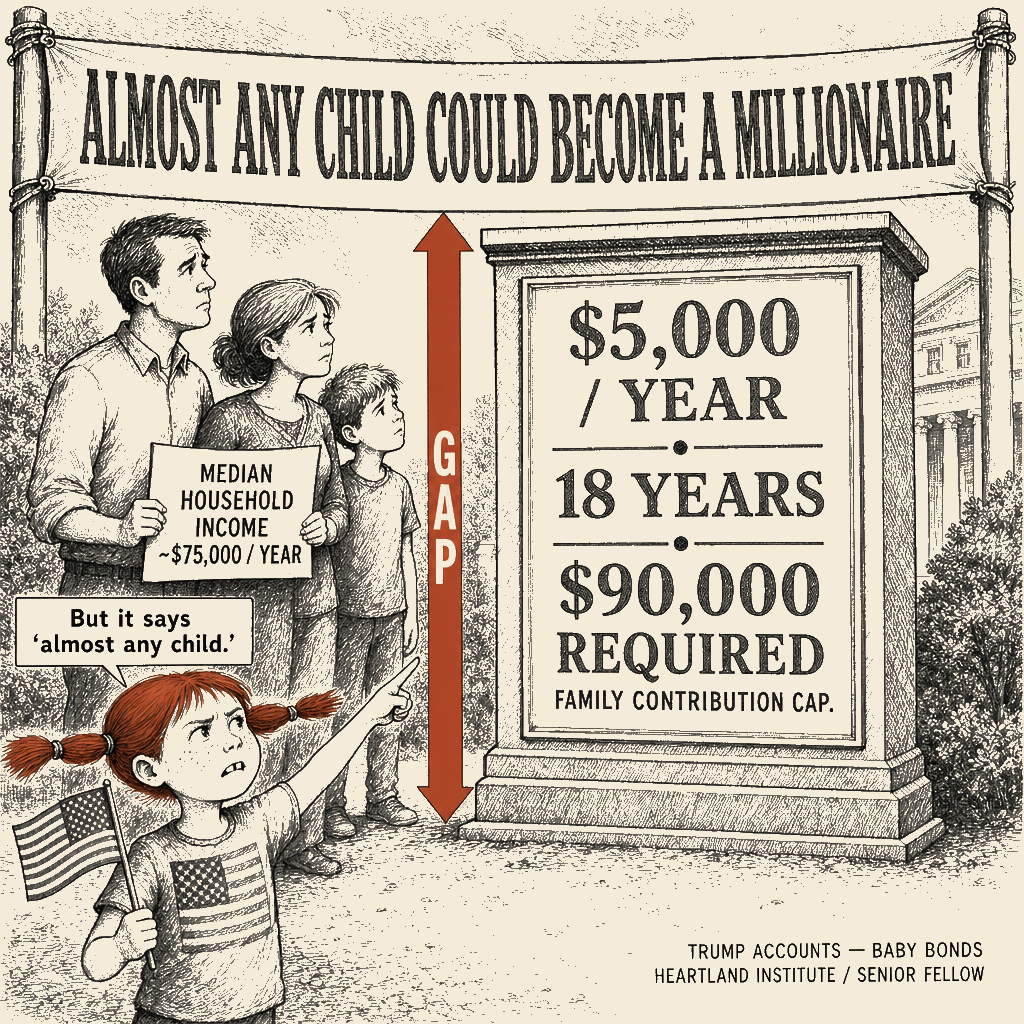Political meme cartoon by Mimi Wright-Fubar: Almost Any Child — If the Parents Already Have the Money