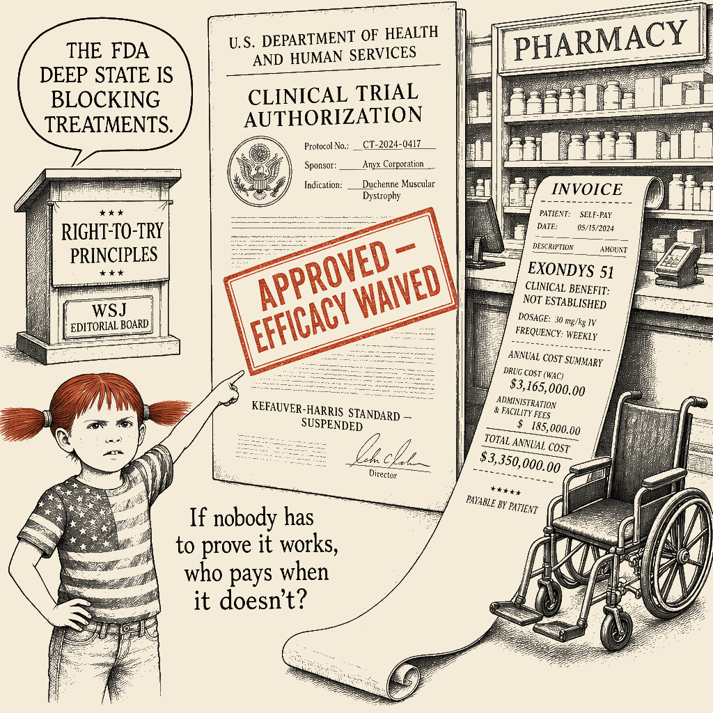 Political meme cartoon by Mimi Wright-Fubar: Approved — Efficacy Waived