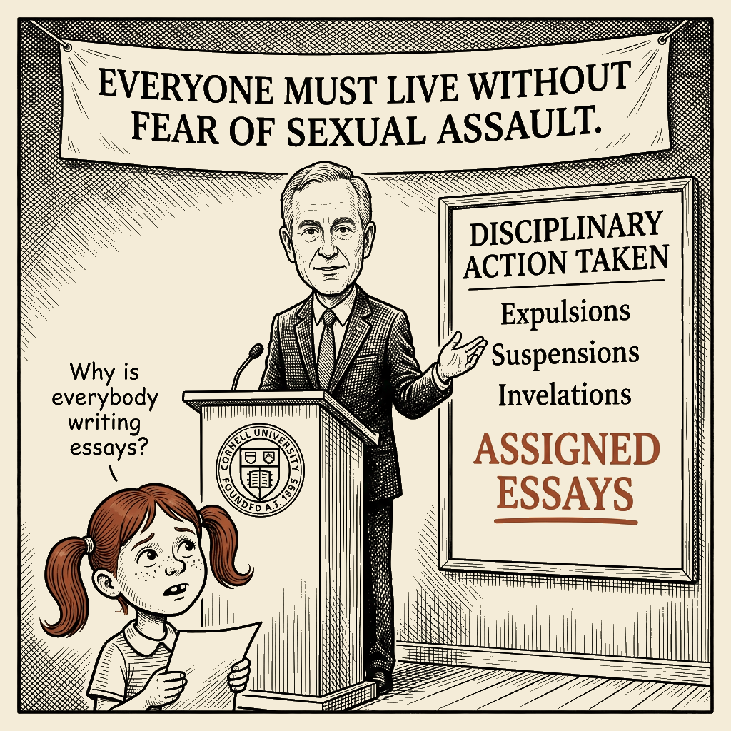 Political meme cartoon by Mimi Wright-Fubar: Assigned Essays