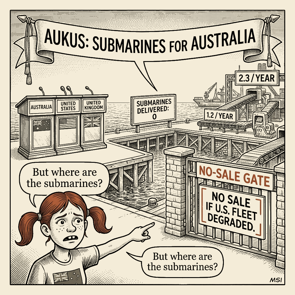 Political meme cartoon by Mimi Wright-Fubar: AUKUS: The Submarine That Exists on Paper