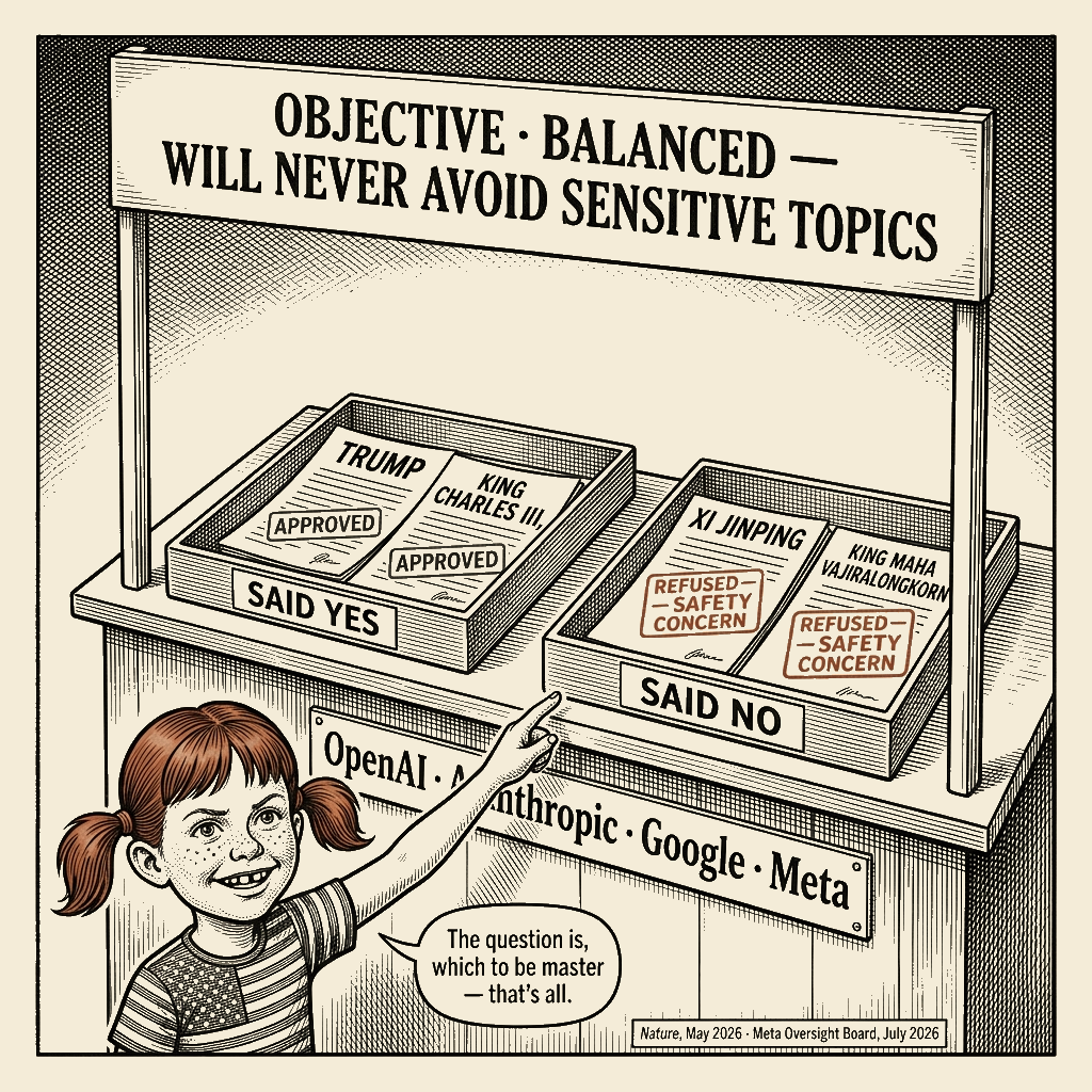 Political meme cartoon by Mimi Wright-Fubar: Balanced, until Beijing