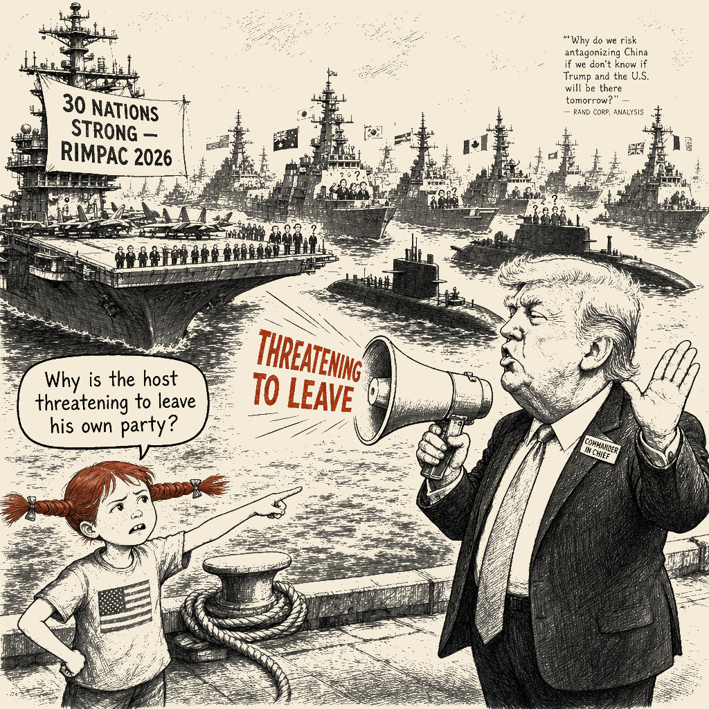 Political meme cartoon by Mimi Wright-Fubar: Biggest Fleet, Least Reliable Host