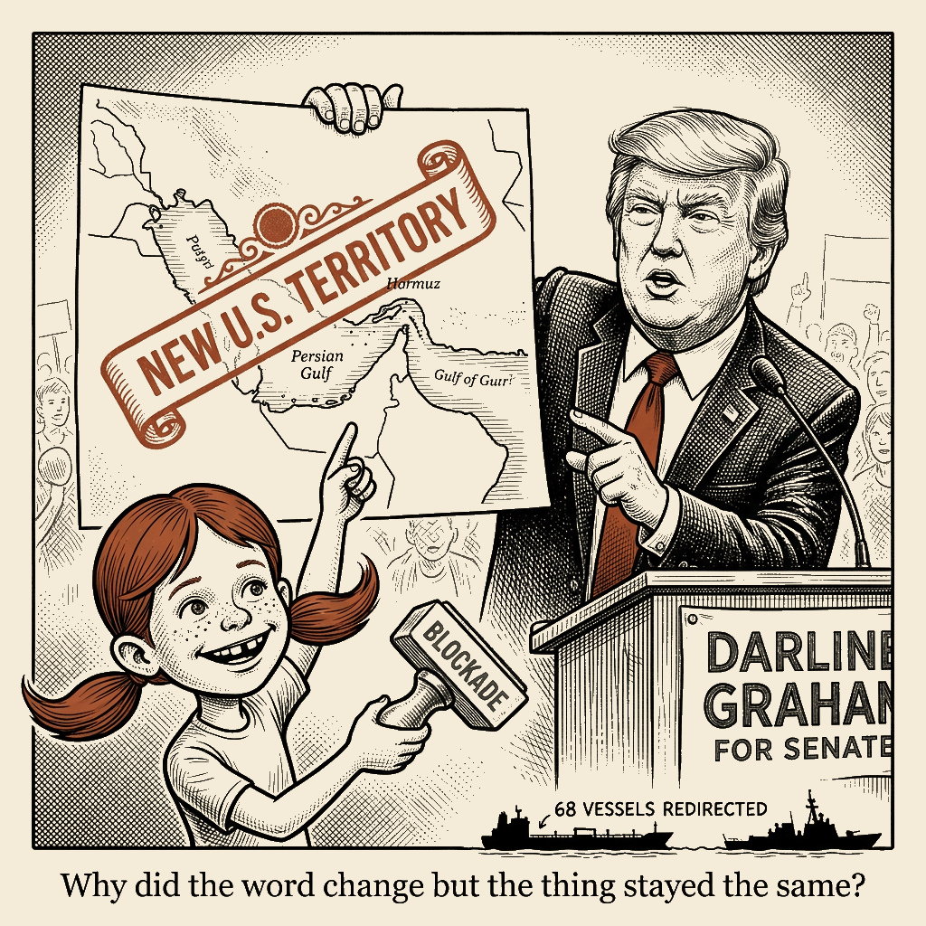 Political meme cartoon by Mimi Wright-Fubar: Blockade, renamed