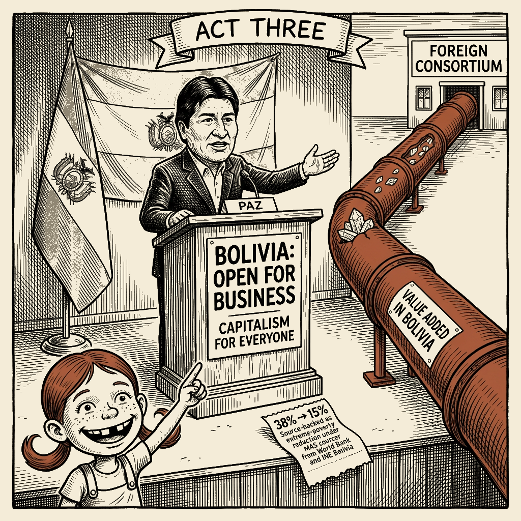 Political meme cartoon by Mimi Wright-Fubar: Bolivia Is Open for Business (For Them)
