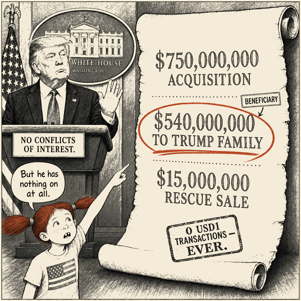 Political meme cartoon by Mimi Wright-Fubar: But He Has Nothing On at All