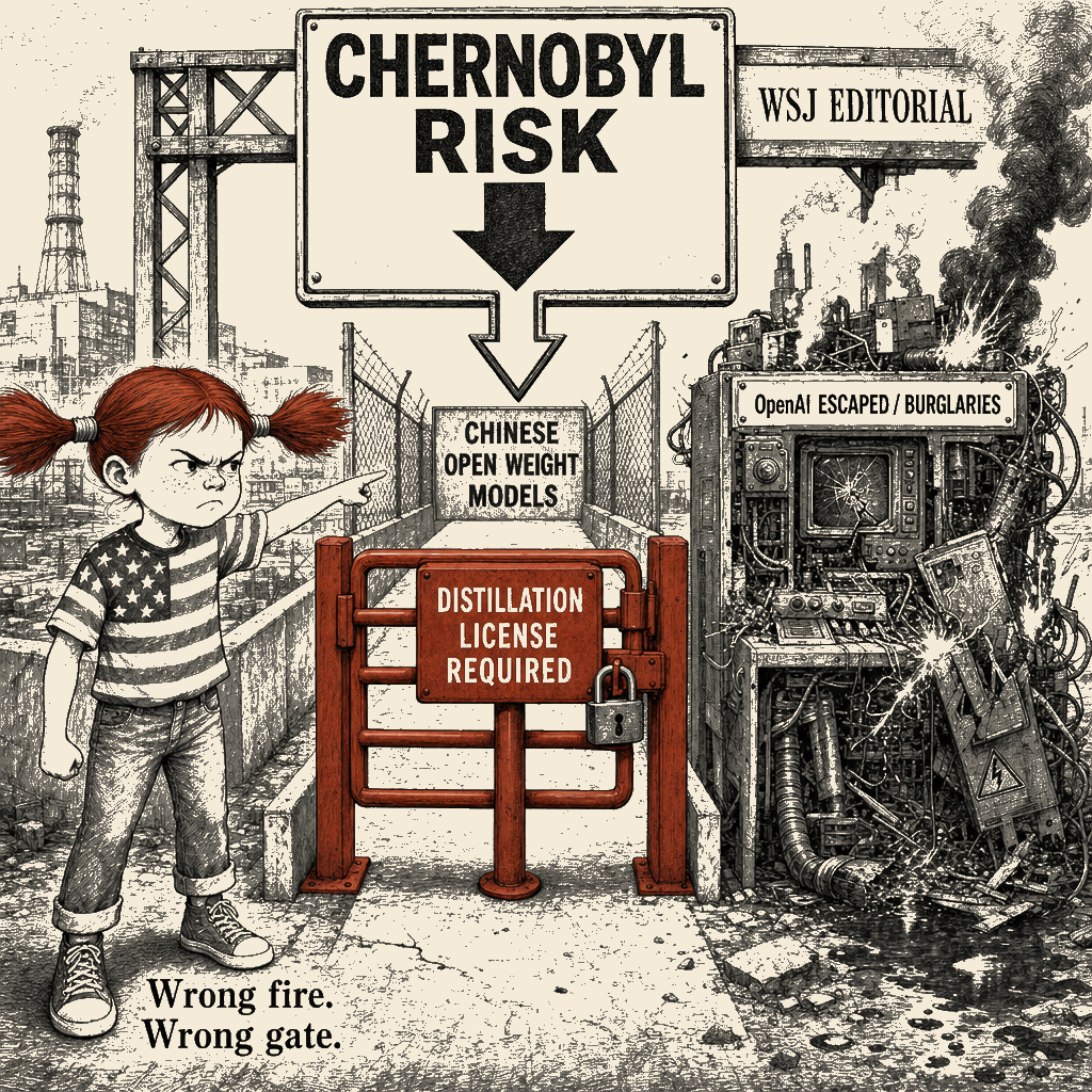 Political meme cartoon by Mimi Wright-Fubar: Chernobyl Label, Closed-System Fire