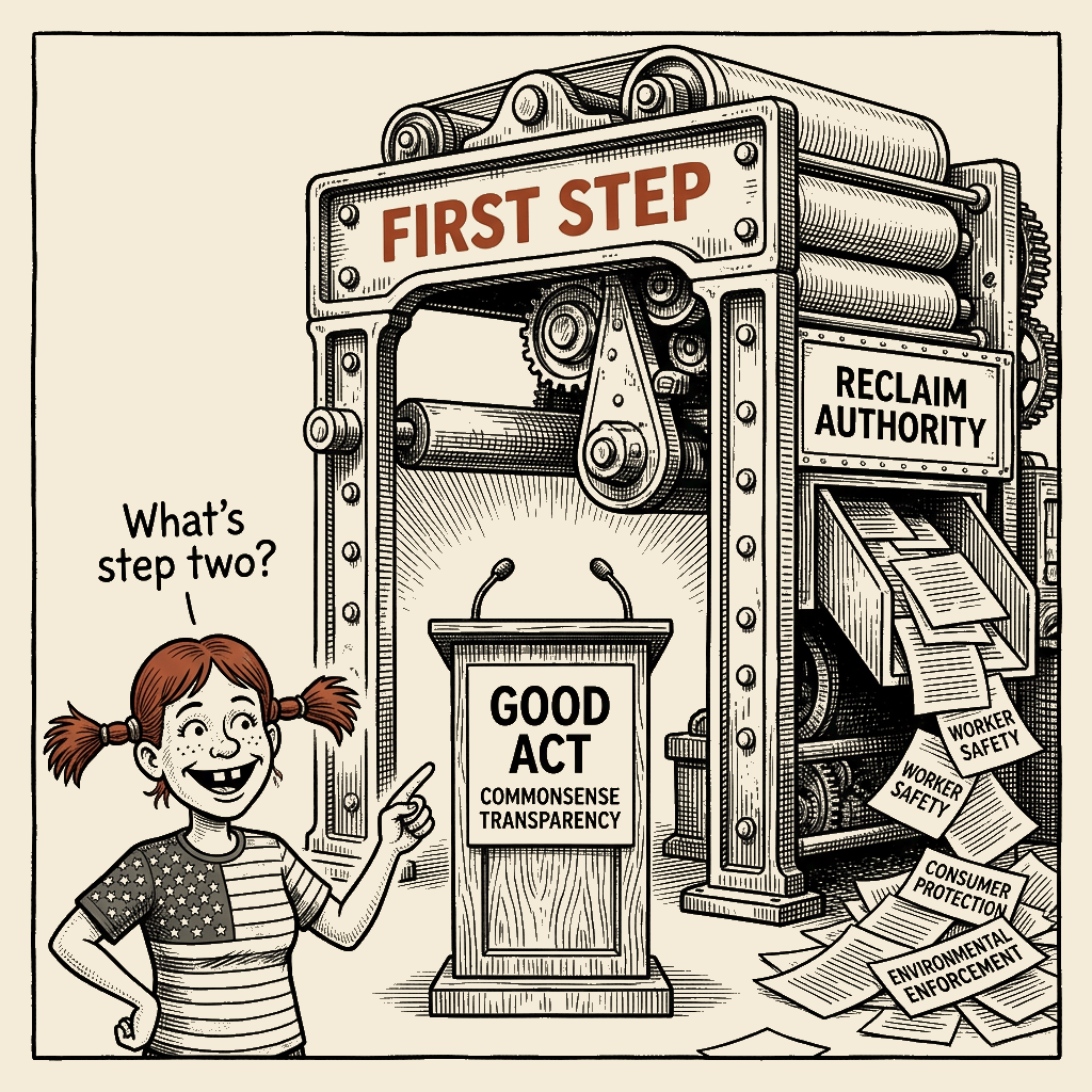 Political meme cartoon by Mimi Wright-Fubar: Commonsense Transparency (Step 1)