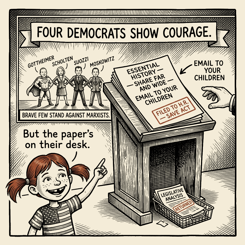 Political meme cartoon by Mimi Wright-Fubar: Courage, Filed on Their Desk