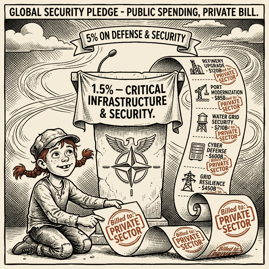 Political meme cartoon by Mimi Wright-Fubar: Defense in the budget. Cost on our bill.