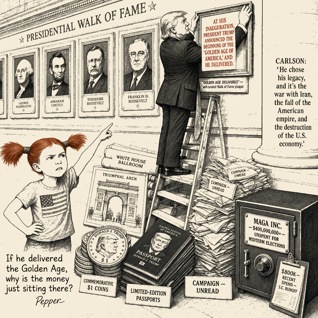 Political meme cartoon by Mimi Wright-Fubar: Delivered the Golden Age. Forgot to Spend the $400 Million.