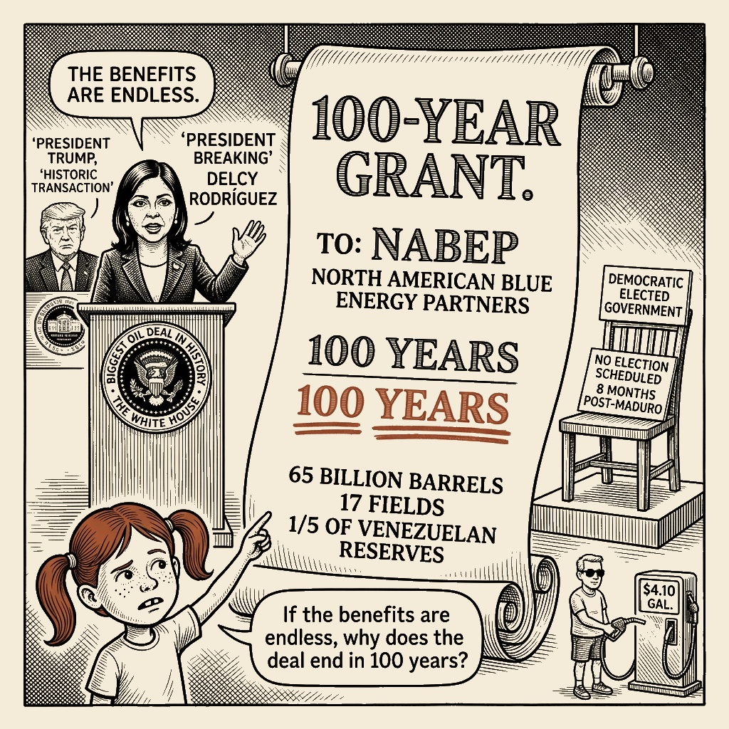 Political meme cartoon by Mimi Wright-Fubar: Endless Benefits, Hundred-Year Lease