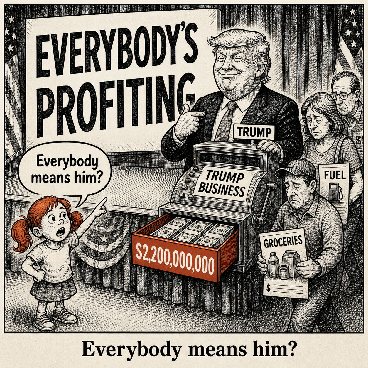 Political meme cartoon by Mimi Wright-Fubar: Everybody Means Him?