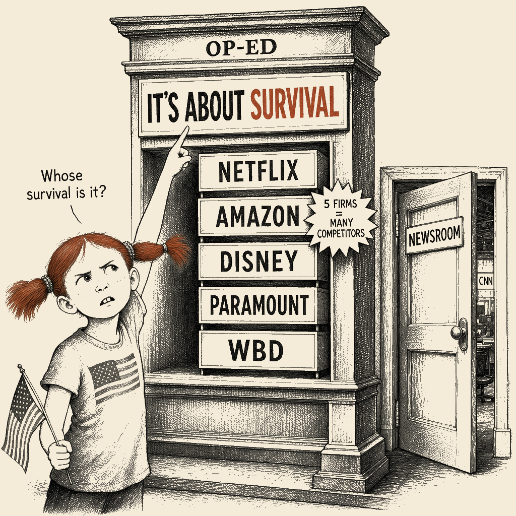 Political meme cartoon by Mimi Wright-Fubar: Five Firms, One Frame