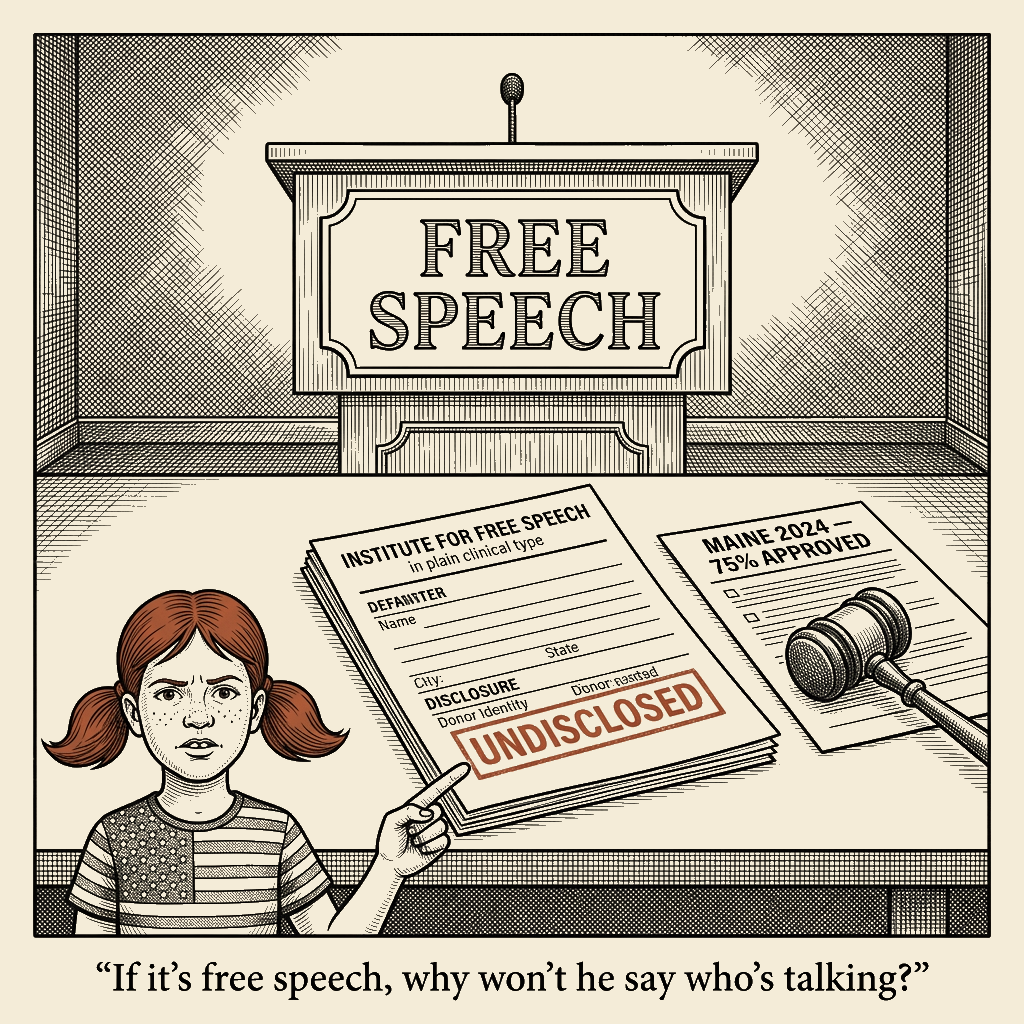 Political meme cartoon by Mimi Wright-Fubar: Free Speech, Anonymous Donors