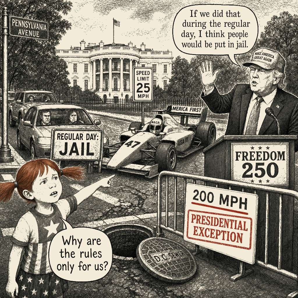 Political meme cartoon by Mimi Wright-Fubar: Freedom, With a Special Speed Limit