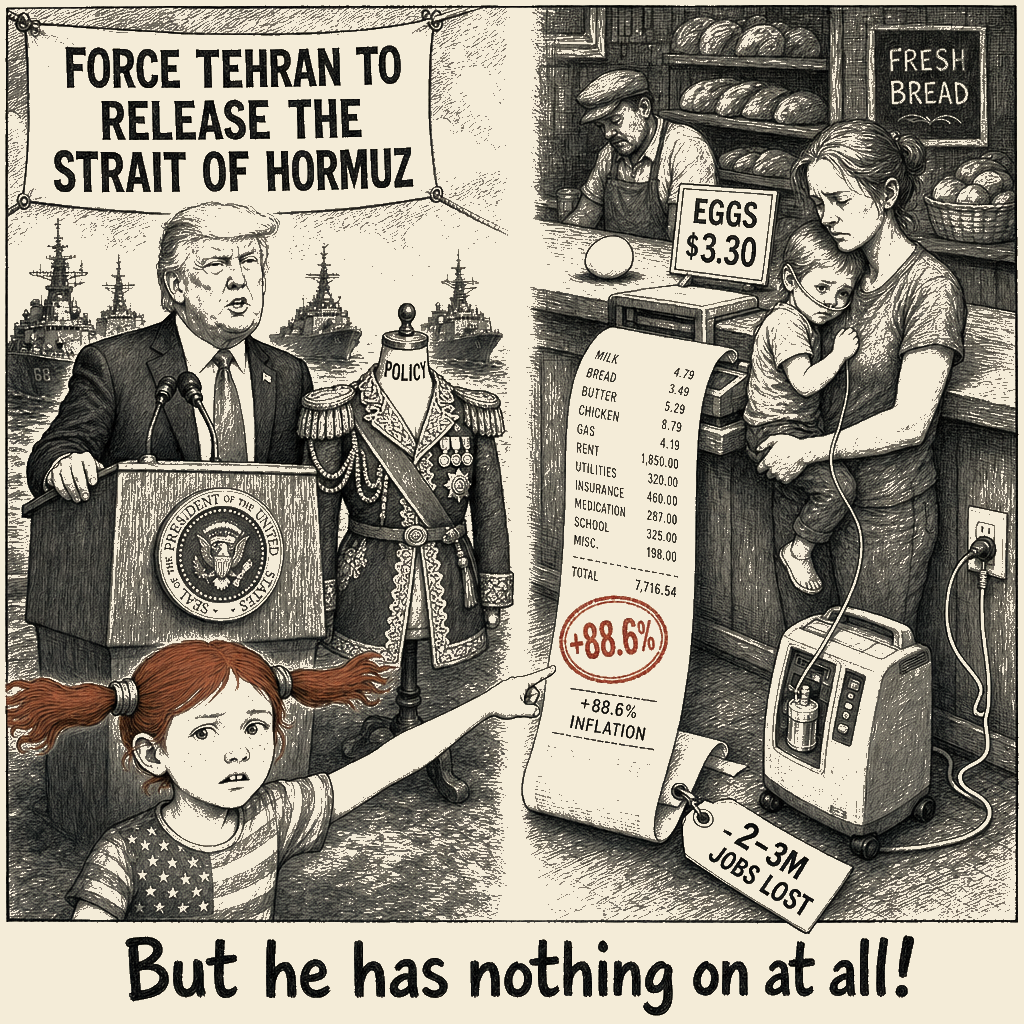 Political meme cartoon by Mimi Wright-Fubar: He said it was about the strait.