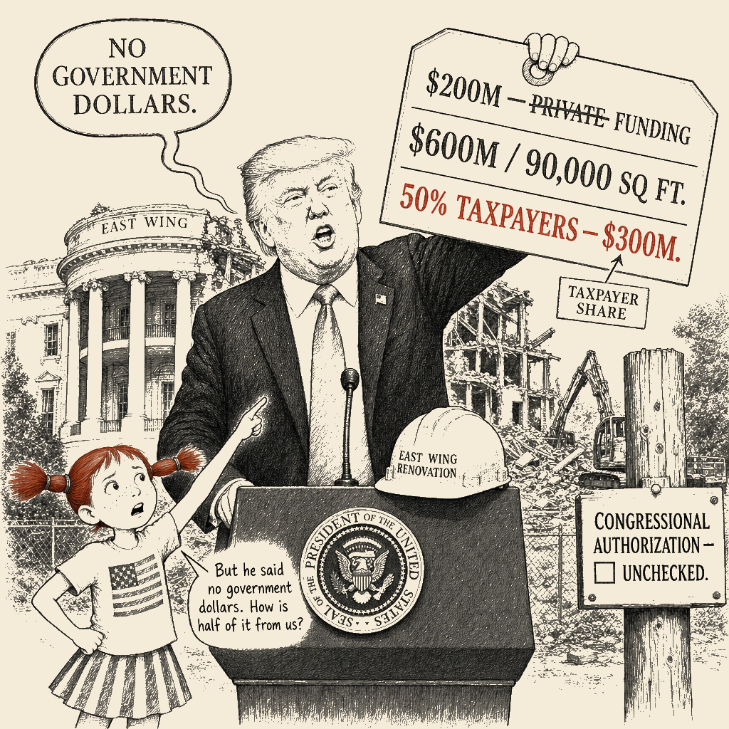 Political meme cartoon by Mimi Wright-Fubar: He said 'no government dollars.' Half the bill is yours.