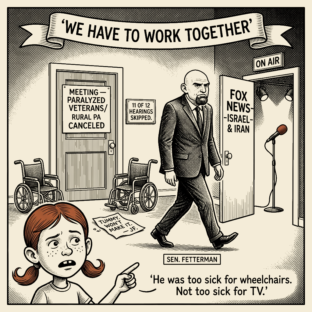 Political meme cartoon by Mimi Wright-Fubar: He was too sick for the wheelchairs. Not too sick for the camera.