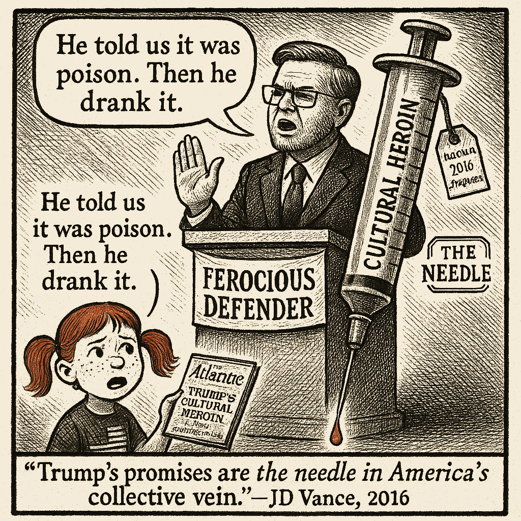 Political meme cartoon by Mimi Wright-Fubar: He wrote the warning. He became the warning.