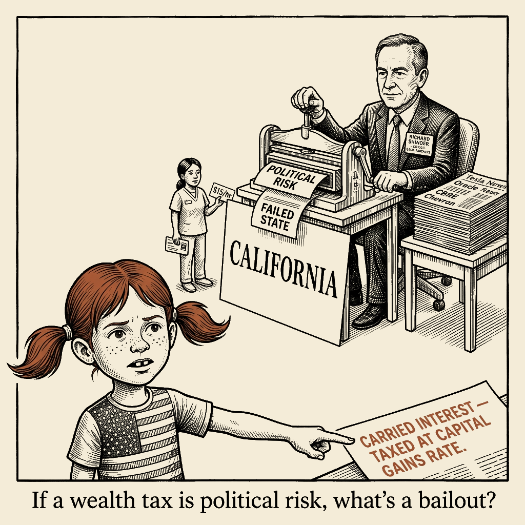 Political meme cartoon by Mimi Wright-Fubar: His Political Risk Is Her Bailout