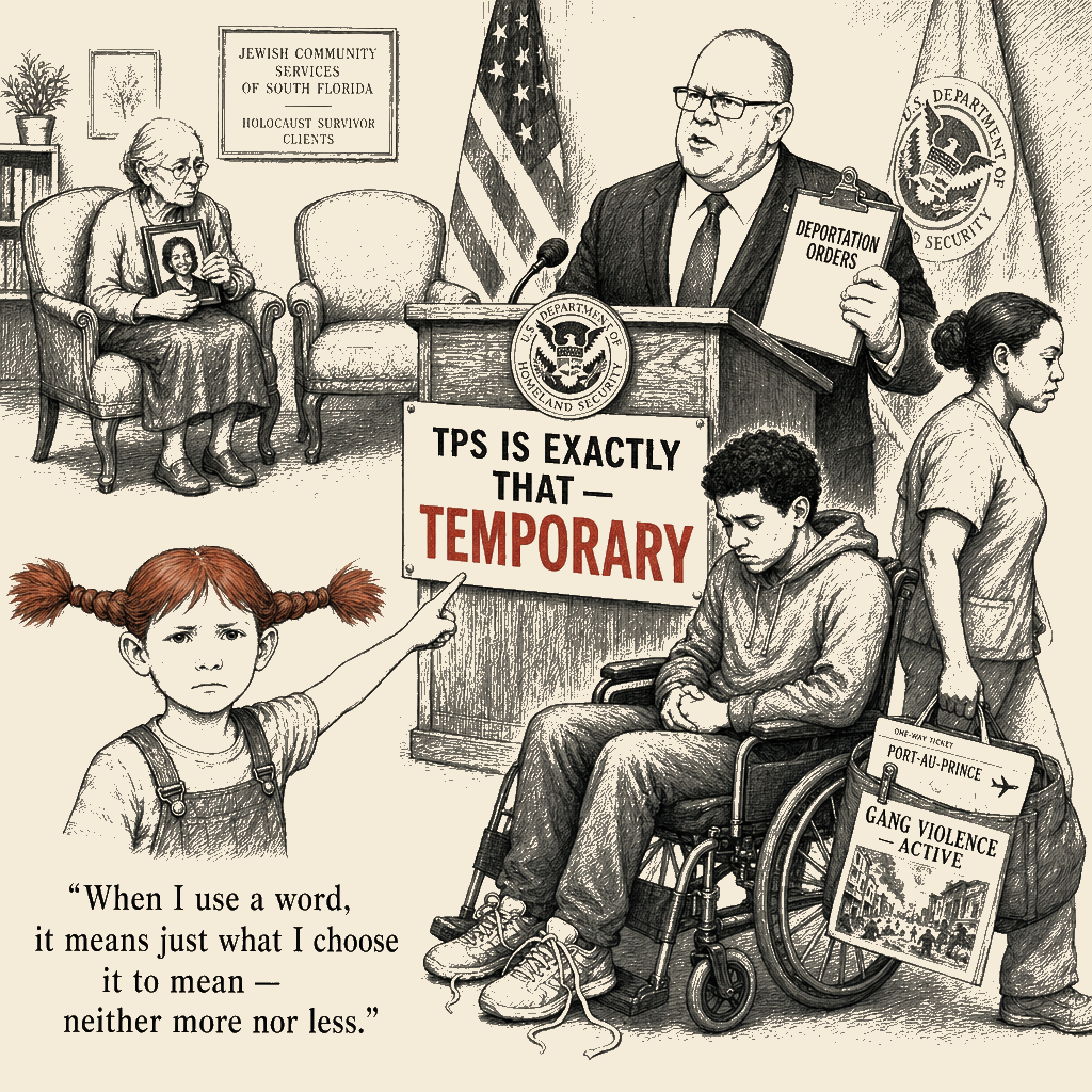 Political meme cartoon by Mimi Wright-Fubar: How is it 'temporary' if he never comes back?