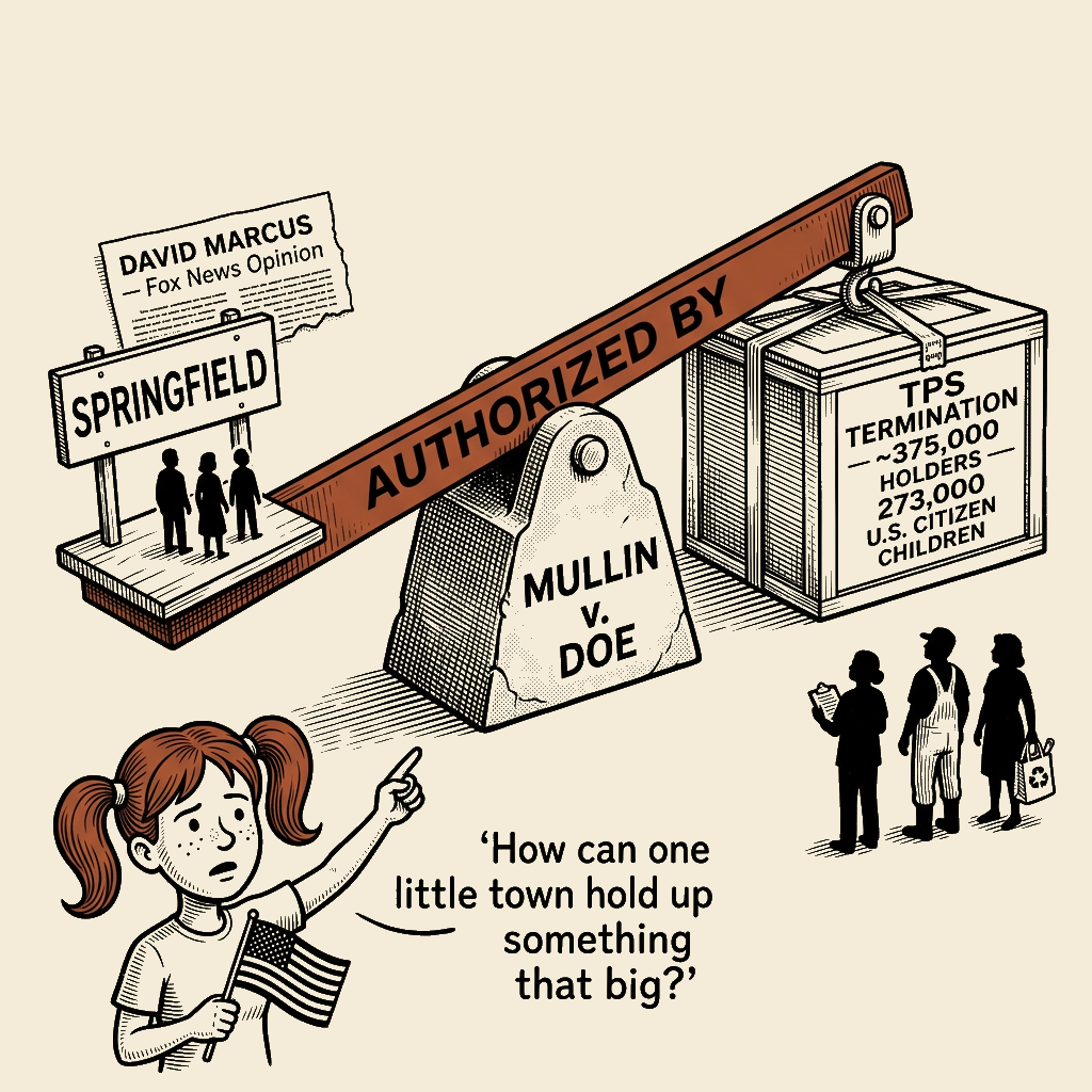 Political meme cartoon by Mimi Wright-Fubar: How One Little Town Holds Up Something That Big