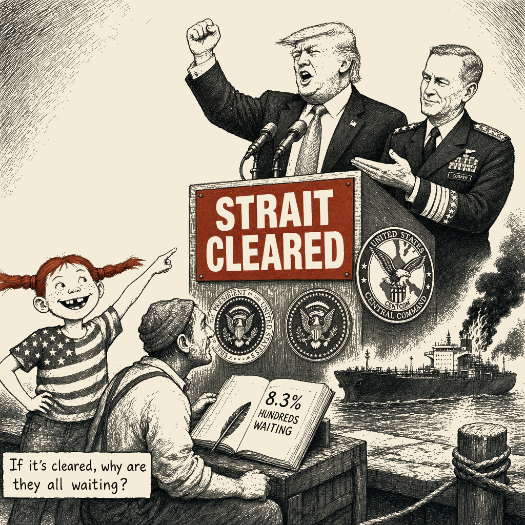 Political meme cartoon by Mimi Wright-Fubar: If it's cleared, why are they all waiting?