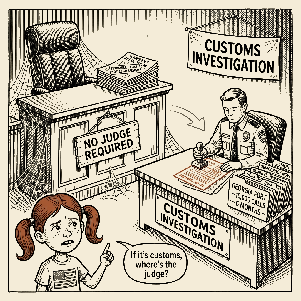 Political meme cartoon by Mimi Wright-Fubar: If it's customs, where's the judge?