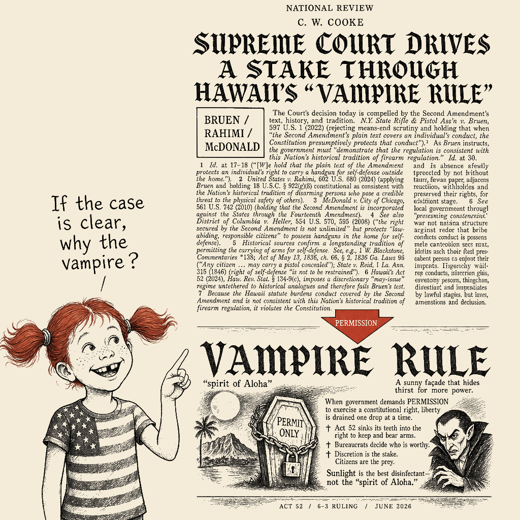 Political meme cartoon by Mimi Wright-Fubar: If the case is clear, why the vampire?