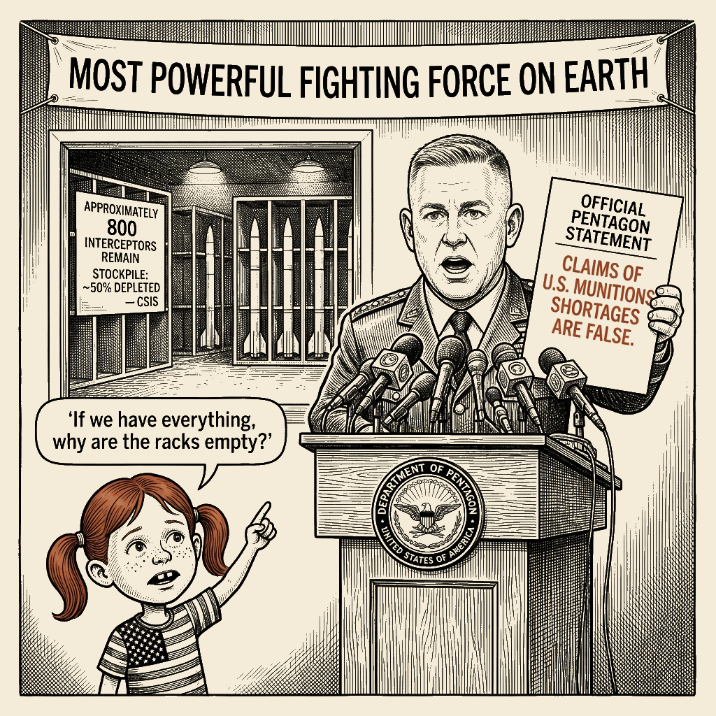 Political meme cartoon by Mimi Wright-Fubar: If we have everything, why are the racks empty?