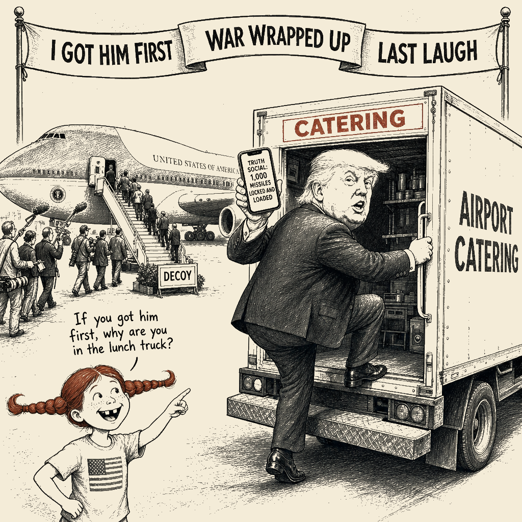 Political meme cartoon by Mimi Wright-Fubar: Last Laugh, Lunch Truck