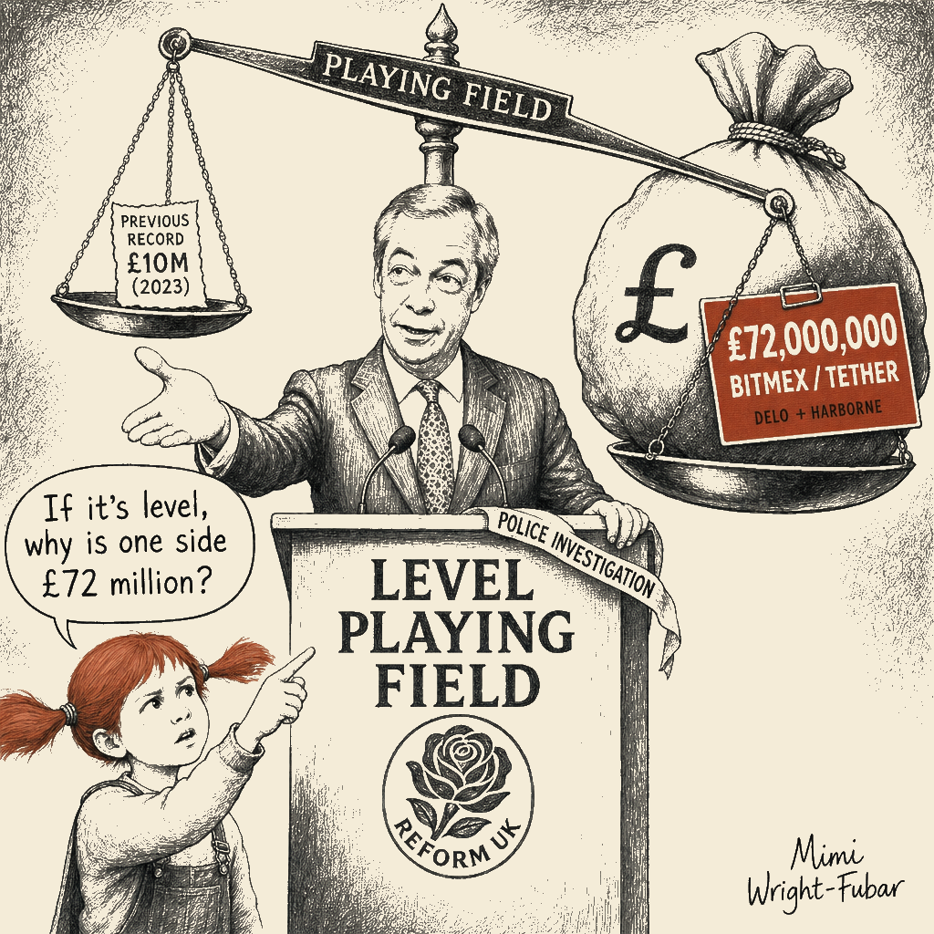 Political meme cartoon by Mimi Wright-Fubar: Level playing field.