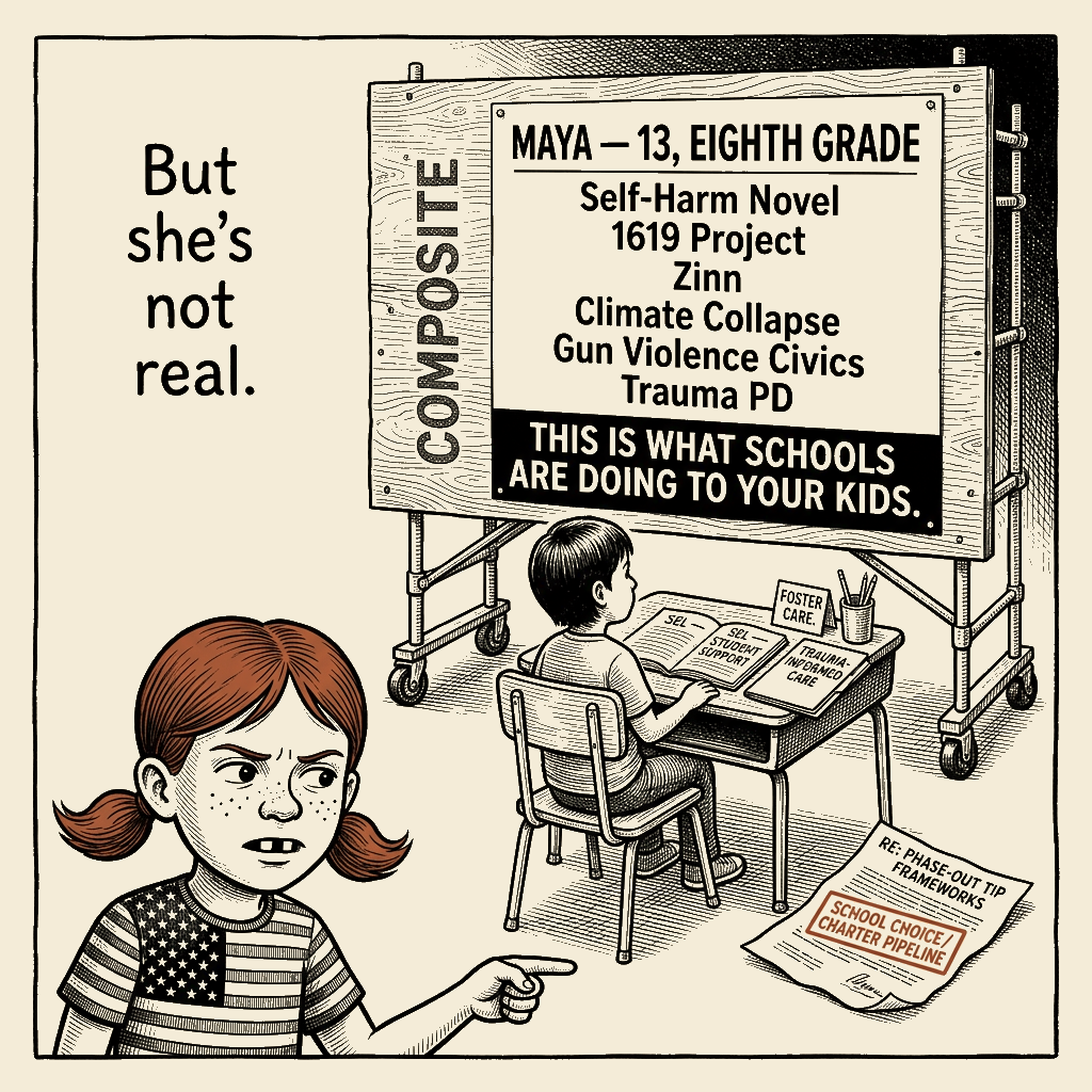 Political meme cartoon by Mimi Wright-Fubar: Maya Is a Composite. The Damage Isn't.