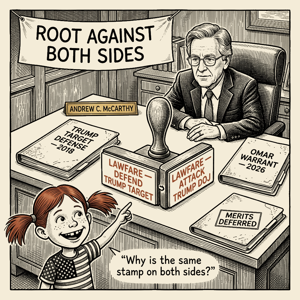 Political meme cartoon by Mimi Wright-Fubar: McCarthy's Reversible Lawfare Stamp