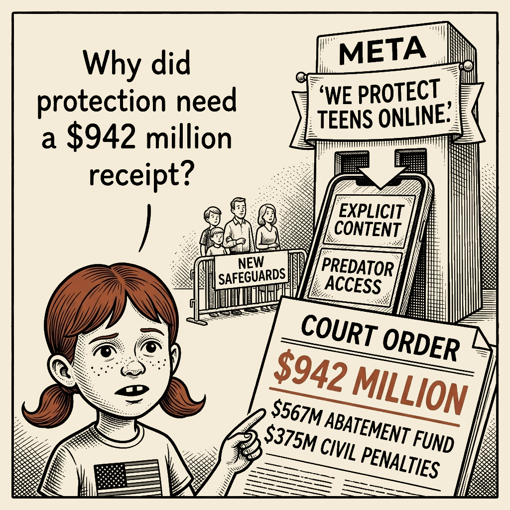 Political meme cartoon by Mimi Wright-Fubar: Meta's Safety Receipt