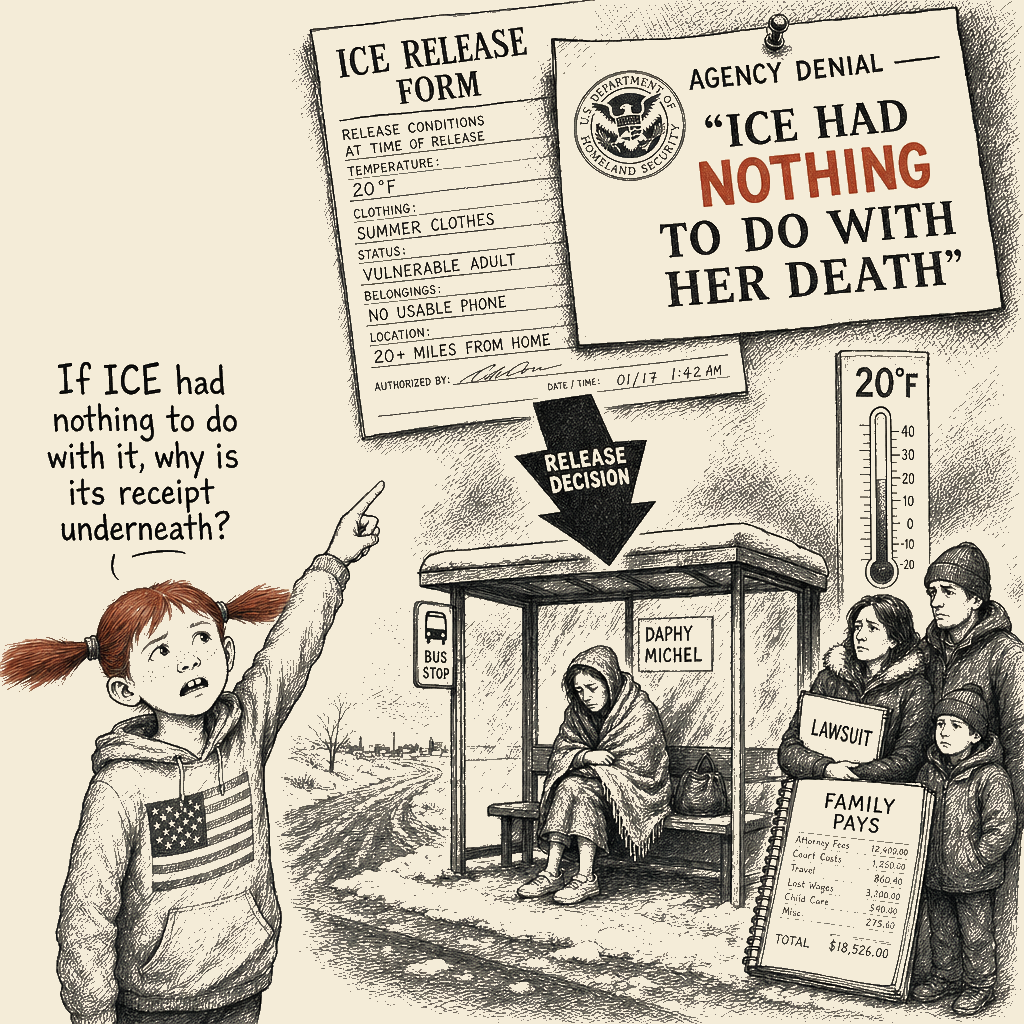 Political meme cartoon by Mimi Wright-Fubar: NOTHING TO DO WITH HER DEATH