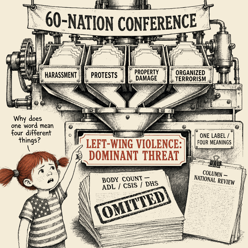 Political meme cartoon by Mimi Wright-Fubar: One Label, Four Meanings, No Body Count