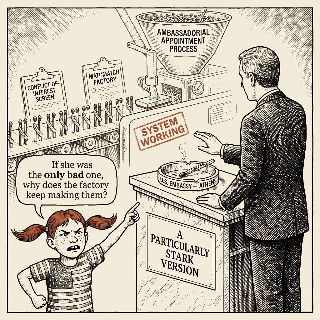 Political meme cartoon by Mimi Wright-Fubar: One Match Out. The Factory Keeps Running.