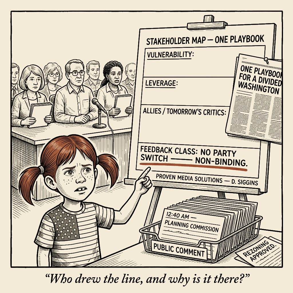 Political meme cartoon by Mimi Wright-Fubar: One Playbook, One Feedback Filter